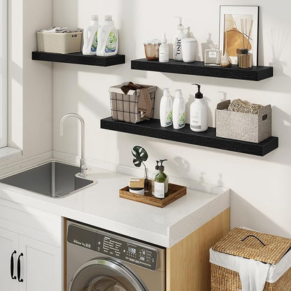 fuqing Floating Shelves for Wall, Wall Mounted Wood Floating Shelf with Invisible Brackets for Living Room, Bathroom, Bedroom, Kitchen Storage and Decor, 20 Inch Set of 2, Black