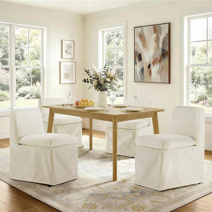 KISLOT Upholstered Dining Chairs Set of 2 with Casters, Modern Armless Kitchen Chairs with Removable Washable Cover, Chenille Velvet Fabric, Sturdy Metal & Wood Frame, 19.5" Seat Height, Linen