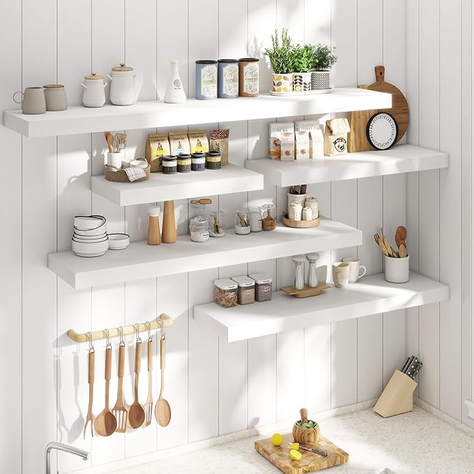Marsmiles 12" Deep Floating Shelves for Wall with Invisible Brackets, Wall Mounted Engineered Wood Shelves with Wood Grain for Living Room, Bedroom, Kitchen Decor and Storage, 48" L Set of 1, White