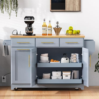 Merax 59.3" Grey Blue Kitchen Island with Storage, 2 Pull Out Cabinet Organizers & Rubber Wood Drop Leaf, Rolling Island Table with Trash Can Storage, Power Outlet, Spice Rack for Kitchen Dining