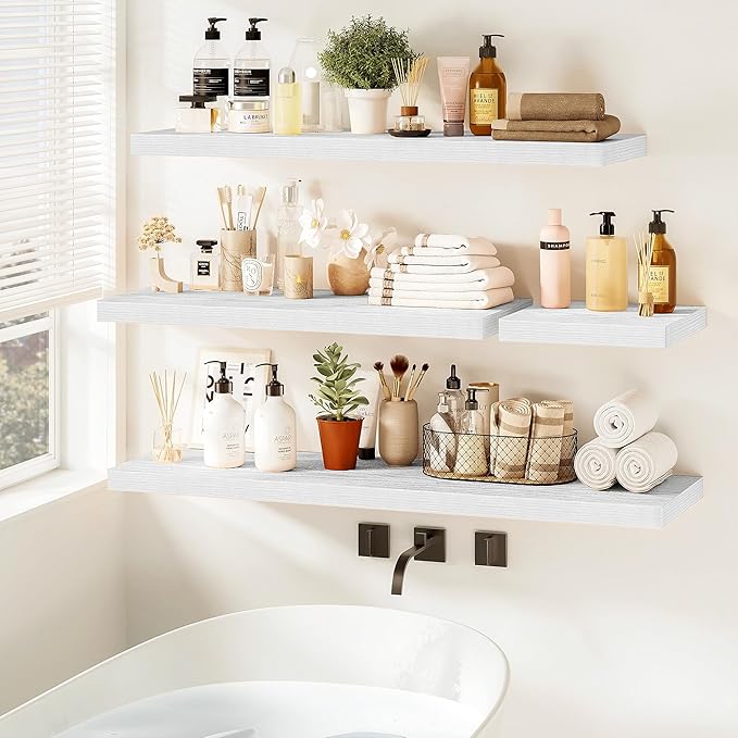 Vivelove White Floating Shelves for wall, 24 Inch Wall Display Shelves with Invisible Brackets, for Bathroom Living Room Kitchen Bedroom Office Farmhouse Home Decor, 24X9.3X1.5 - Set of 2, White