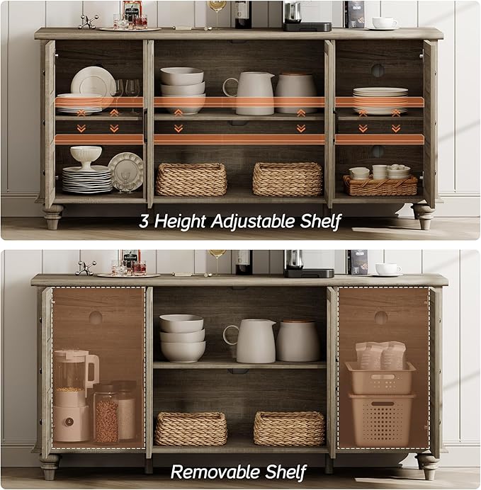 WAMPAT Farmhouse Sideboard Buffet Cabinet with Glass Door & Adjustable Shelf, Wooden Coffee Bar Table with Solid Wood Leg, Kitchen Storage Cabinet for Dining Room, Grey, 58 Inch