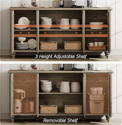 WAMPAT Farmhouse Sideboard Buffet Cabinet with Glass Door & Adjustable Shelf, Wooden Coffee Bar Table with Solid Wood Leg, Kitchen Storage Cabinet for Dining Room, Grey, 58 Inch