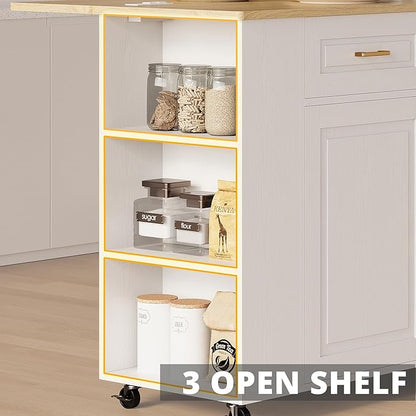 IRONCK Rolling Kitchen Island with Storage, Kitchen Cart Cabinet with Drop-Leaf & Charging Station Drawer & Shelves & Spice Rack 47" W x 30" D White
