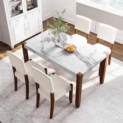 VilroCaz Modern 5-Piece Dining Table Set, 46" Faux Marble Style Table and 4 Upholstered Chairs with Solid Wood Legs, Kitchen Dining Room Set for 4, Space-Saving Dinette (Off White-5P)