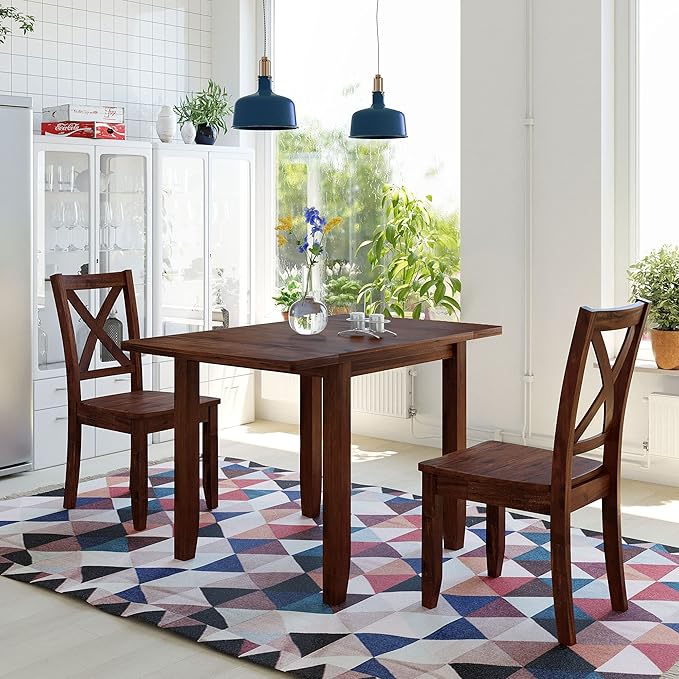 3-Piece Farmhouse Dining Table Set, Wood Drop Leaf Breakfast Nook Dining Table Set with 2 X-Back Chairs for Small Places