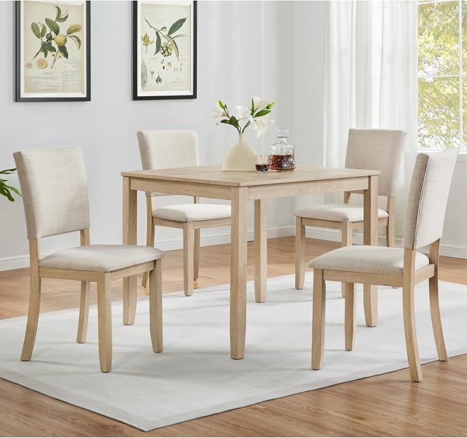5-Piece Modern Wooden Dining Table Set for 4, Dining Table Set for 4 People with Upholstered Chairs, Square Kitchen Table and Chairs Set for Dining Room and Kitchen, Light Oak + Beige