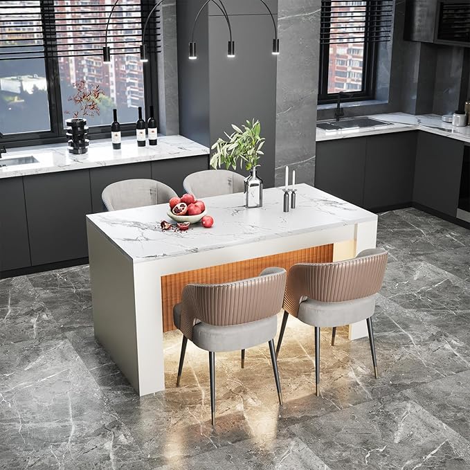 63" Modern Imitation Marble Stripes Kitchen Dining Table, Island Table with Grille Design and LED Lights for 4-6 People, Large Imitation Marble Dining Table for Home Kitchen Living Room.