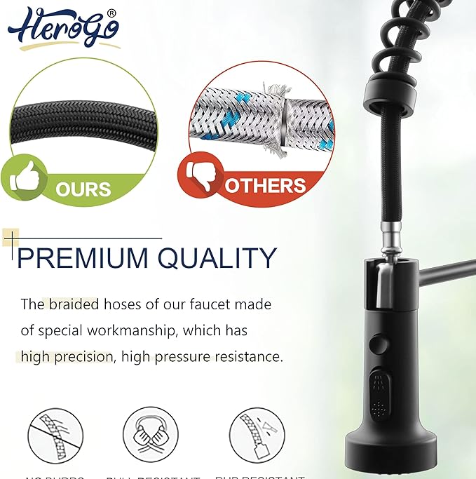 Kitchen Faucets with Pull Down Sprayer Matte Black, Herogo 2.0 Upgraded Commercial Stainless Steel Single Handle Pull Out Spring Sink Faucets with Deck Plate for Utility Farmhouse Laundry Rv Wet