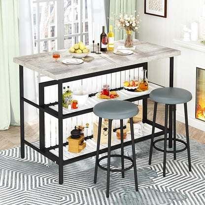 AWQM Kitchen Island with Seating & Storage Shelf, Modern Bar Table and Chairs Set for 2, Wooden Island Table for Kitchen, Dining Table Set for Small Space, Grey