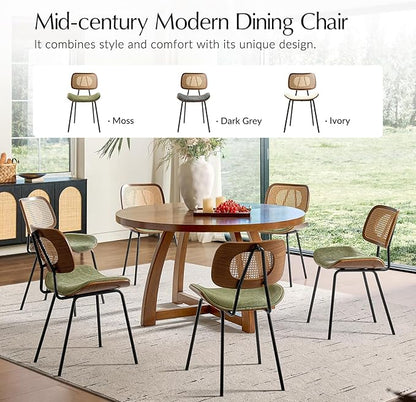 HULALA HOME Rattan Dining Chairs Set of 2, Green Farmhouse Upholstered Kitchen Chairs Set with Square Cane Backrest, Metal Legs for Dining Living Room Resurant Cafe - Moss