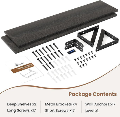 Axeman 55 Inch Floating Shelves | 8 Inch Deep Black Wall Shelves Set of 2 | 55" W x 8" D Rustic Black Wood Shelves for Bathroom Kitchen Living Room