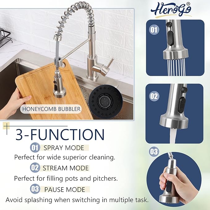 Kitchen Faucets with Pull Down Sprayer Brushed Nickel, Herogo 2.0 Upgraded Commercial Stainless Steel Single Handle Pull Out Spring Sink Faucets with Deck Plate for Utility Farmhouse Laundry Rv Wet