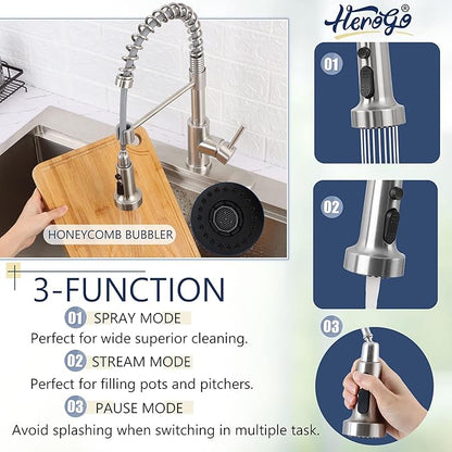 Kitchen Faucets with Pull Down Sprayer Brushed Nickel, Herogo 2.0 Upgraded Commercial Stainless Steel Single Handle Pull Out Spring Sink Faucets with Deck Plate for Utility Farmhouse Laundry Rv Wet