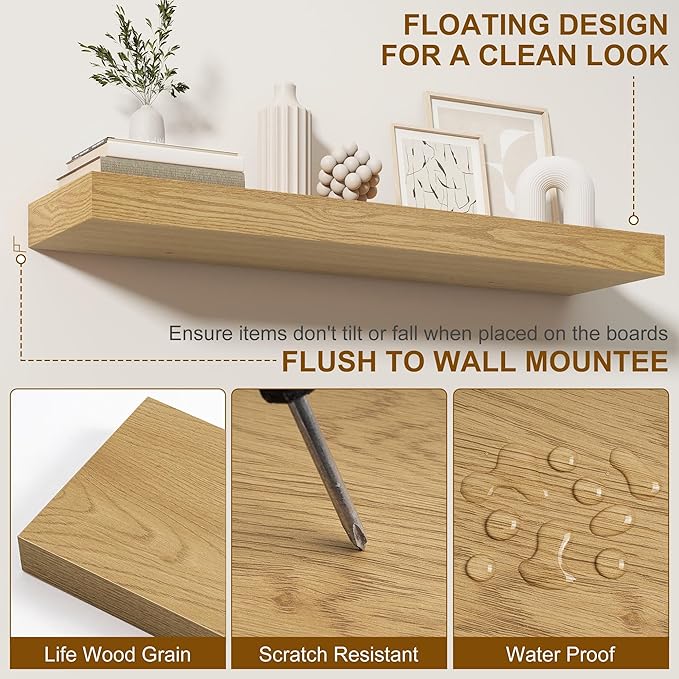 Fun Memories Floating Shelves for Wall, 36Inch Floating Shelves Set of 2, Hanging Shelf with Invisible Brackets, Bathroom Shelves for Living Room, Bedroom, Kitchen- Oak