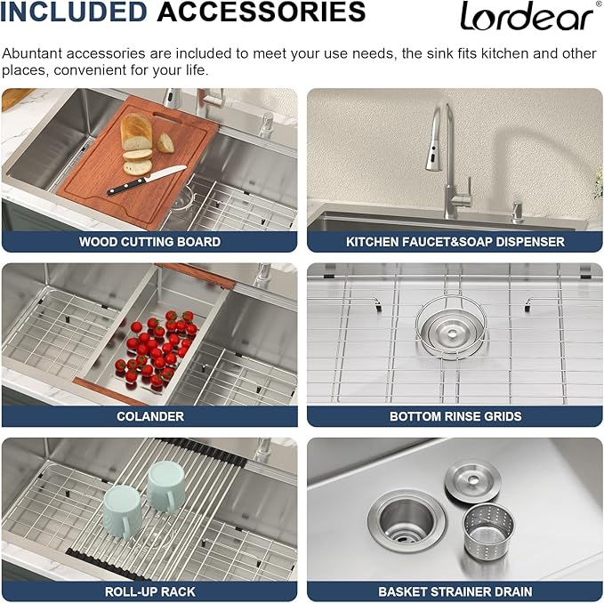 Lordear 33x22 Inch Drop In Kitchen Sink With Faucet - 33 Kitchen Sink With Faucet Combo Workstation 16 Gauge Stainless Steel Single Bowl Topmount Basin with All Accessories, 33x22x10 Inch