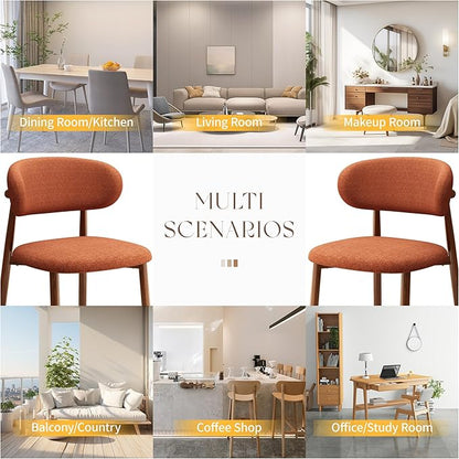 Kitchen Dining Chairs Set of 2 Modern Soft Linen Farmhouse Dining Room Chair with Metal Legs, Orange/Walnut