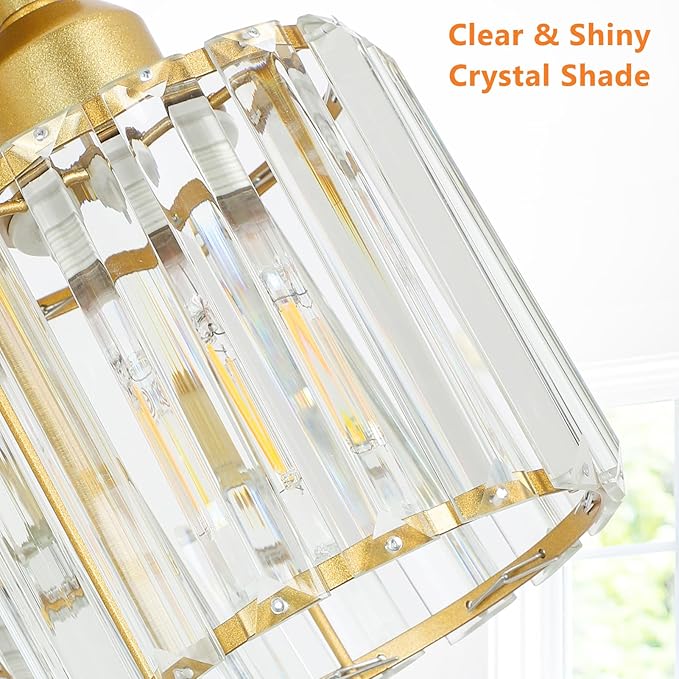 PAUFUL Modern Semi Flush Mount Ceiling Light,3-Light Golden Crystal Close to Ceiling Light Fixtures,Kitchen Light Fixtures with Clear Crystal Shade,Hallway Light Fixtures for Hallway Bedroom Bathroom
