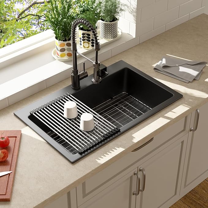 Lordear Black Drop In Kitchen Sink 31 Inch Quartz Granite Composite Black Deep Single Bowl Topmount Kitchen Sinks 31x20 Inch