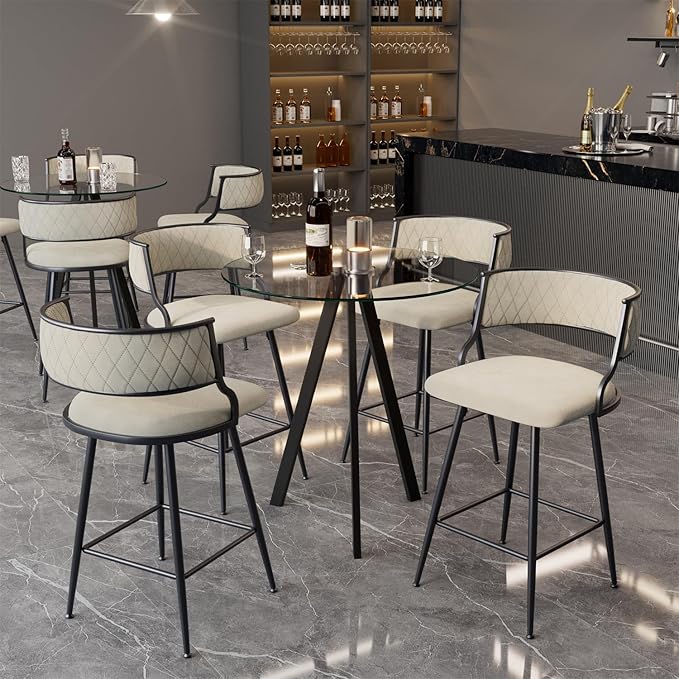 Round Bistro Table and Chairs Set for 4, Clear Small Round High Top Bar Table and 4 Faux Leather Counter Height Padded Stools for Home Bar Dinning Room Kitchen (Beige)