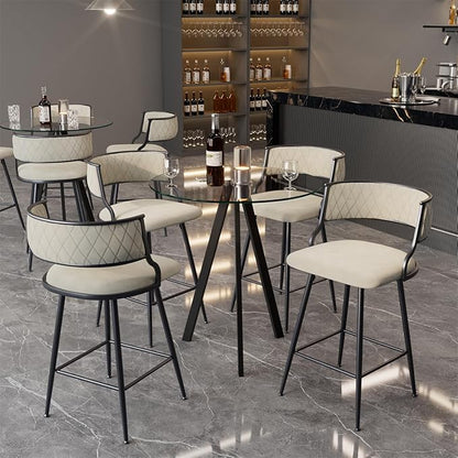 Round Bistro Table and Chairs Set for 4, Clear Small Round High Top Bar Table and 4 Faux Leather Counter Height Padded Stools for Home Bar Dinning Room Kitchen (Beige)