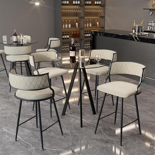 Round Bistro Table and Chairs Set for 4, Clear Small Round High Top Bar Table and 4 Faux Leather Counter Height Padded Stools for Home Bar Dinning Room Kitchen (Beige)