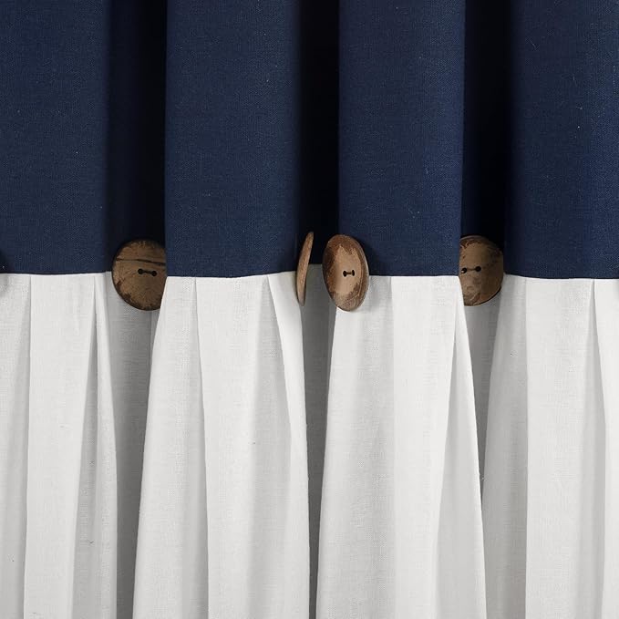 Lush Decor Linen Button Window Curtain Panel, Single, 40" W x 84" L, Navy & White - Country Curtains - Rustic Decor - Color Block Modern Curtains For Living Room, Bedroom & Dining Room - 100% Blackout