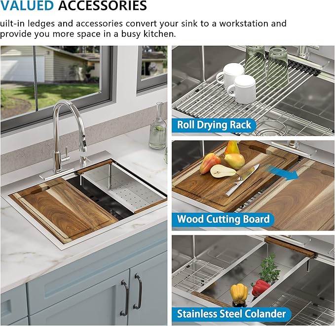 25 Kitchen Sink Drop In - Fulorni 25"x22" Kitchen Sink Drop In Topmount Ledge Workstation 16 Gauge Stainless Steel Single Bowl Above Counter Sink Basin