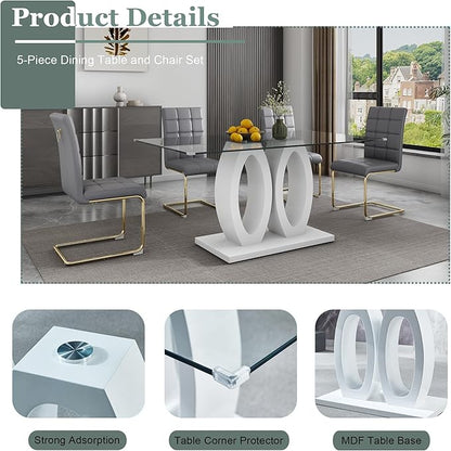 5-Piece Glass Dining Table Set, 63" White Kitchen Table with O-Shape MDF Base, Dining Room Set for 4 with 4 Leather Upholstered Chair for Kitchen, Dining Room (Gray,Gold)