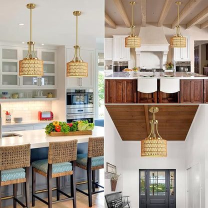 11.8" Modern Boho Rattan Gold Pendant Light Adjustable Rod Vintage Farmhouse Drum Fabric Pendant Light Fixture Woven Bamboo Wicker Pendant Lights for Kitchen Island, Dining Room, Bedroom