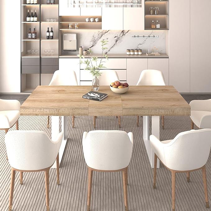 63" - 79" Extendable Dining Room Table, Expandable Kitchen Table for 6 to 10 People, Modern Wood Conference Table, Large Farmhouse Dining Table(White Oak, Double-U Base)