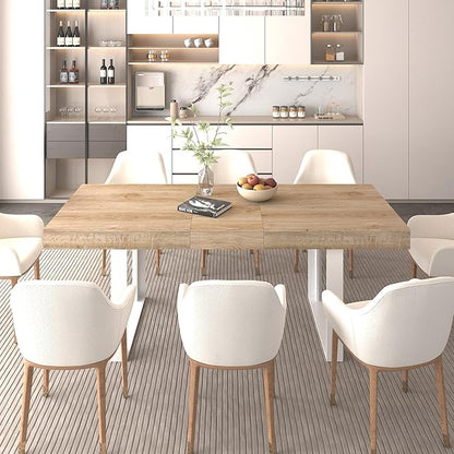 63" - 79" Extendable Dining Room Table, Expandable Kitchen Table for 6 to 10 People, Modern Wood Conference Table, Large Farmhouse Dining Table(White Oak, Double-U Base)