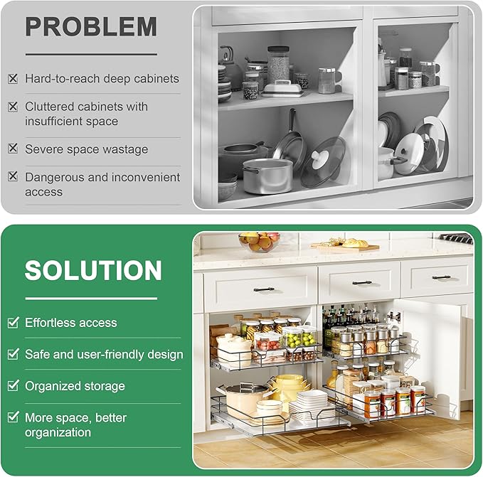 2-Tier Pull Out Cabinet Organizer (14" W x 22" D), Soft Close Cabinet Slide Out Shelves, Heavy Duty Slide Out Drawers with Shelf Liner for Kitchen Cabinets, Pantry Storage, Bathroom