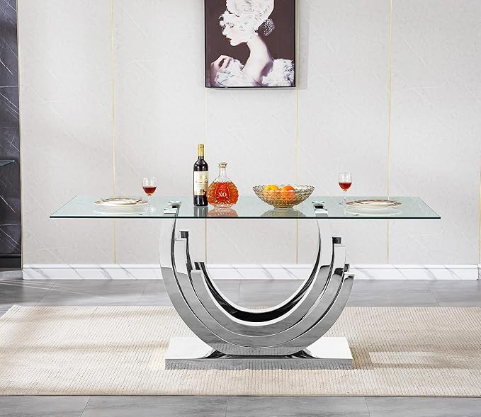 Luxury Silver Glass Dining Table for 6-8 Modern 70" Rectangular Kitchen & Dining Room Table with Stainless Steel Base Large Clear Glass Top Dining Table for Home Office