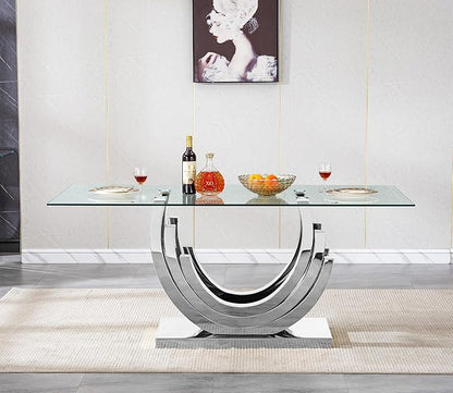 Luxury Silver Glass Dining Table for 6-8 Modern 70" Rectangular Kitchen & Dining Room Table with Stainless Steel Base Large Clear Glass Top Dining Table for Home Office