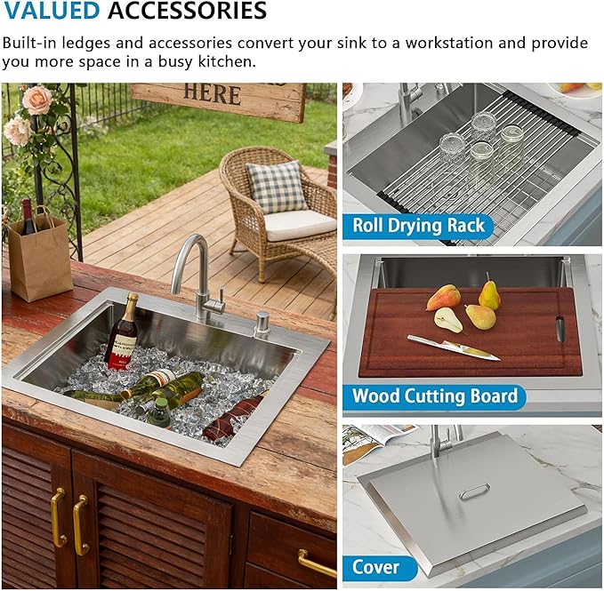 24"x22" Drop In Outdoor Kitchen Sink Workstation – 16 Gauge 304 Stainless Steel Top Mount Bar Prep Sink with Faucet Combo & Dust Lid for BBQ, RV, Camper, Garden, Utility Use