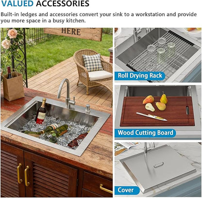 24"x22" Drop In Outdoor Kitchen Sink Workstation – 16 Gauge 304 Stainless Steel Top Mount Bar Prep Sink with Faucet Combo & Dust Lid for BBQ, RV, Camper, Garden, Utility Use