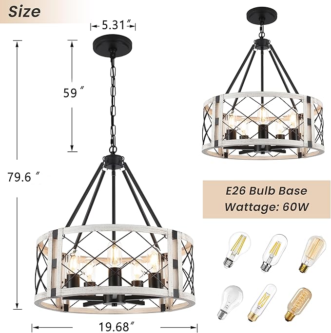 Rustic Farmhouse Chandelier, 19.8 inch 5-Light White Round Dining Room Lighting Fixtures Hanging Pendant Lighting for Kitchen Island Entryway Foyer Bedroom Hallway