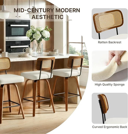 Swivel Bar Stools Set of 4, 26" Upholstered Counter Height Bar Stools with Rattan Back and Bent Walnut Wood Legs, Faux Leather Modern Barstools for Kitchen Island,Rattan Beige