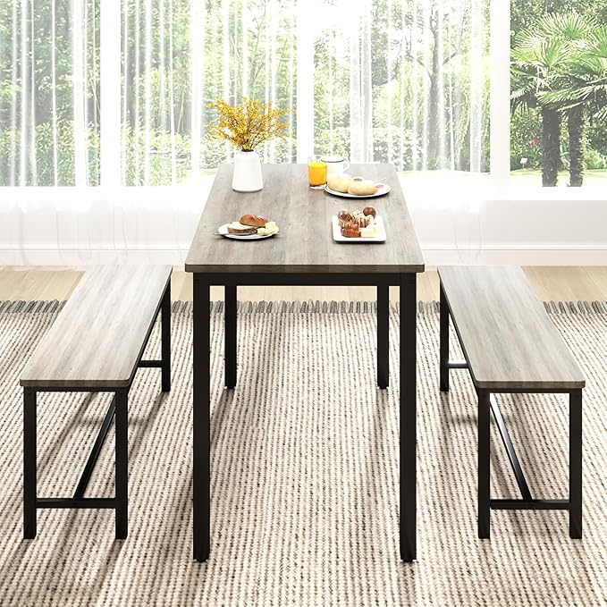 Rovibek 43" Dining Table Benches Set for 4, Modern Space Saving Kitchen Table Chairs & Adjustable Feet Breakfast Table 2 Benches, Wooden Industrial Style Farmhouse, Light Grey