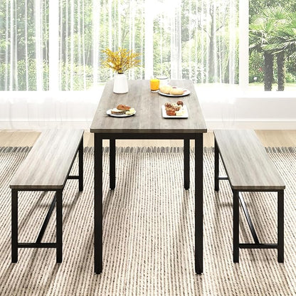 Rovibek 43" Dining Table Benches Set for 4, Modern Space Saving Kitchen Table Chairs & Adjustable Feet Breakfast Table 2 Benches, Wooden Industrial Style Farmhouse, Light Grey