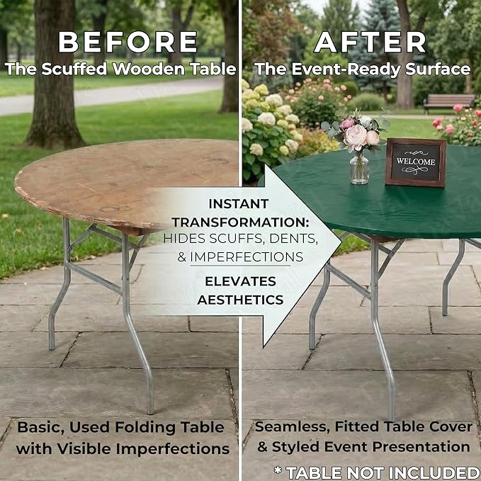 Kwik-Covers 10 Pack of Round Plastic Table Covers - 60" or 72" Round - Indoor or Outdoor Fitted Covers (Tables NOT Included) (Hunter Green, 60" Round)