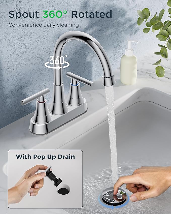 FORIOUS Bathroom Faucets Chrome, 4 Inch Centerset Bathroom Sink Faucet 2 or 3 Hole with Pop up Drain and cUPC Hose, Two Handles Control, 360° spout for Restroom,Vanity, Rv, 2 Pack