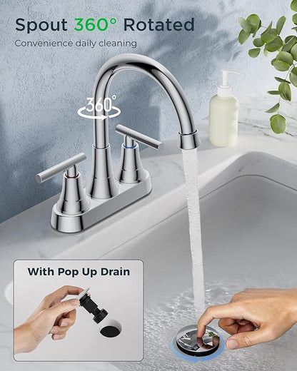 FORIOUS Bathroom Faucets Chrome, 4 Inch Centerset Bathroom Sink Faucet 2 or 3 Hole with Pop up Drain and cUPC Hose, Two Handles Control, 360° spout for Restroom,Vanity, Rv, 2 Pack