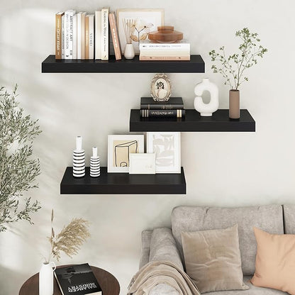 Venusmiles Floating Shelves for Wall, 30" W x 12" D x 2" H, 2 Pack of Long Wall Mounted Engineered Wood Shelves with Invisible Brackets for Living Room, Bedroom, Bathroom, Kitchen Decor, Black