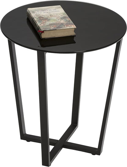 Mango Steam Round Metro Glass End Table/Side Table/for Living Room & Dining Room - Black Top/Black Base