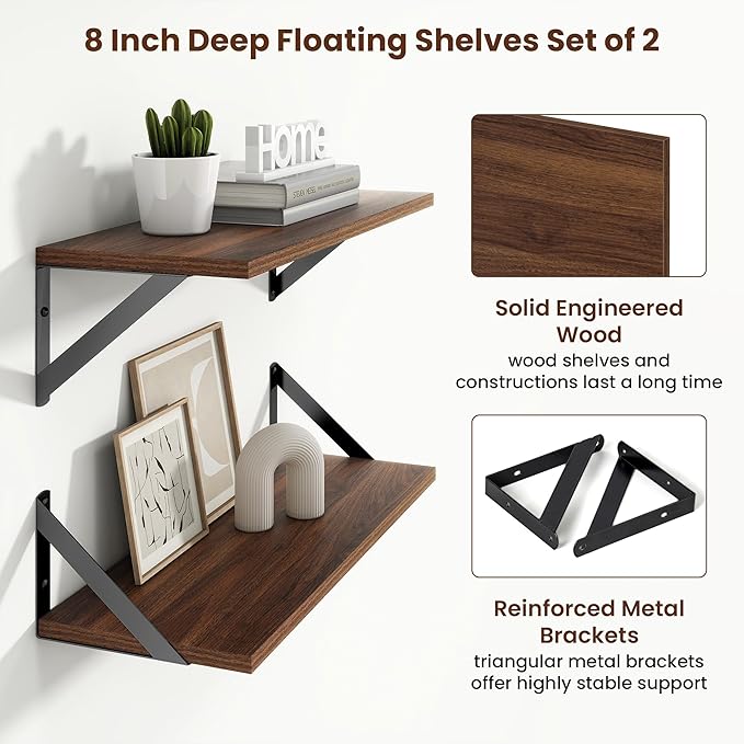 Axeman 20 Inch Floating Shelves | 8 Inch Deep Walnut Wall Shelves Set of 2 | 20''W x 8''D Rustic Walnut Shelves for Bathroom Living Room Bedroom Kitchen