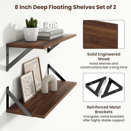 Axeman 20 Inch Floating Shelves | 8 Inch Deep Walnut Wall Shelves Set of 2 | 20''W x 8''D Rustic Walnut Shelves for Bathroom Living Room Bedroom Kitchen