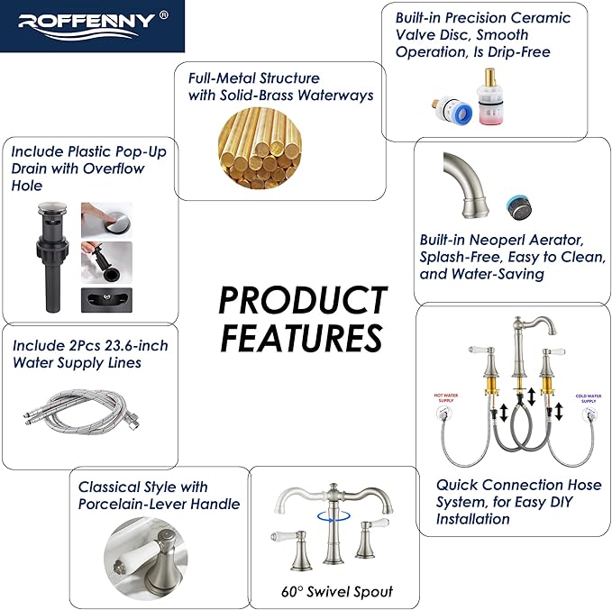Porcelain 2-Handle Bathroom Faucets Brushed Nickel 8 inch Widespread with Plastic Pop-Up Drain & 2Pcs Water Supply Lines, Classical Vanity Sink Faucet for 3 Holes, 360° Swivel Brass Spout