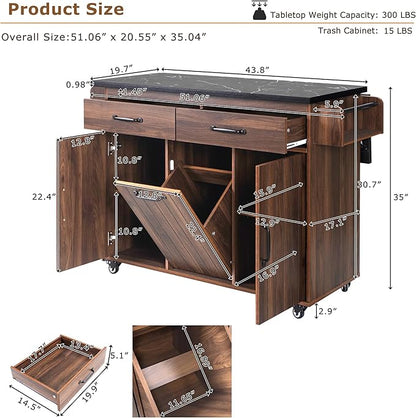 51.06" Mobile Kitchen Drop Leaf and Multipurpose Tilt-out Trash Can,Storage Cabinet w/Spice, Towel Rack & Drawer & Adjustable Shelf,Rolling Islands on Wheels, 50.25", Walnut Brown